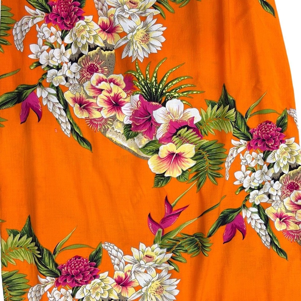 Vintage Orange Tropical Floral Rayon Midi Skirt Y2K Hawaiian Summer M - Picture 4 of 9
